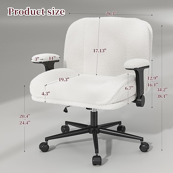 Criss Cross Chair with Wheels,Wide Cross Legged Office Chair with Flip-Up Arms,White Vanity Chair with Extra-Deep Seat Thickened for Home Office,Vanity, Apartment Dorms,Plush Cushion,Comfy