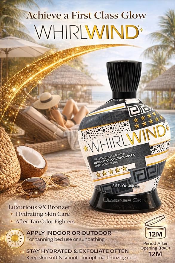 Designer Skin Whirlwind 9X First Class Bronzer Tanning Bed Lotion – Indoor & Outdoor Use, For Tanning Beds & Sun, Tahiti Plum, 13.5 oz
