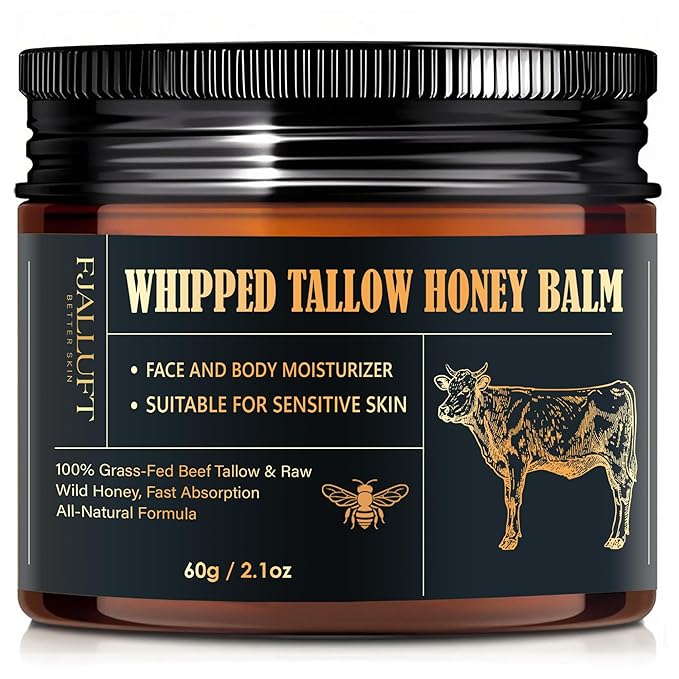 Beef Tallow and Honey Balm Moisturiser, Whipped Grass Fed with Raw Honey and Olive Oil, Anti-Aging Facial Cream, Unscented, 3 Ounce (Medium)