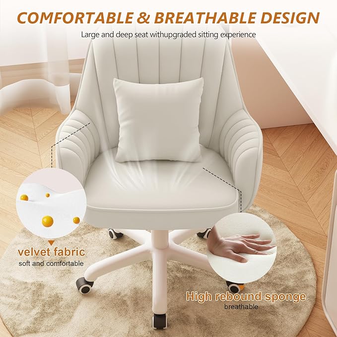 Home Office Chair Velvet Vanity Chairs Makeup Desk Chair with Wheels Mid Back Computer Chairs Height Adjustable Swivel Rolling Task Chair for Living Room, Bedroom, Office
