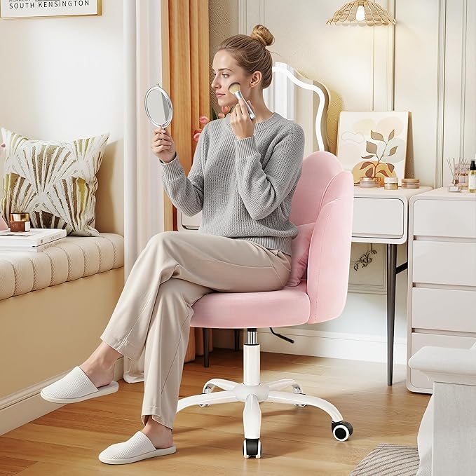Petal Vanity Chair with Wheels, 3.15" Extra Thick Comfy Makeup Chair, Adjustable Modern Swivel Armless Desk Chair for Girls Women, Aesthetic Small Office Chair for Bedroom Dorm