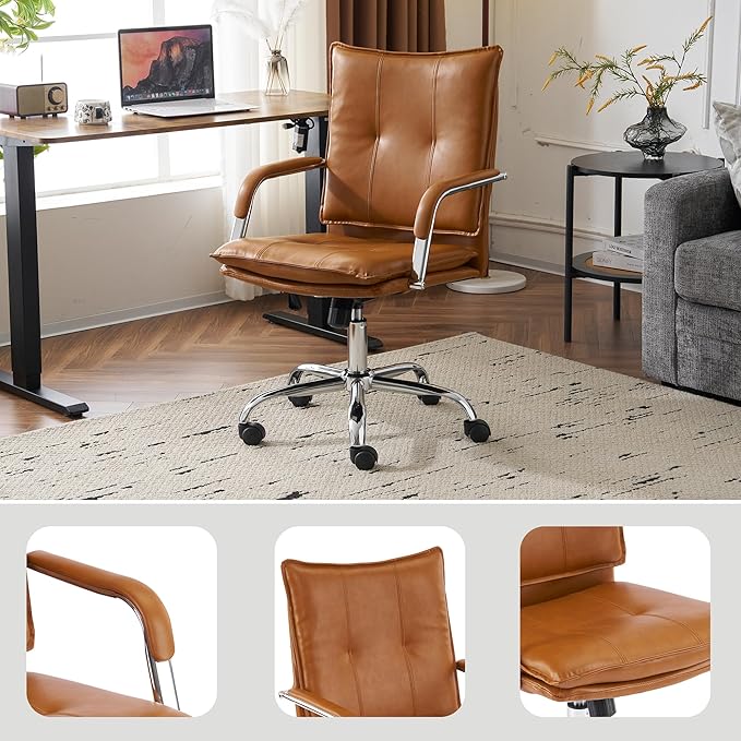 MOJAY Office Chair, Leather Desk Chair, Brown Desk Chair, Mid Century Modern Office Chair, Swivel Comfy Upholstered Wide Seat Chair with Gold Legs and Armrests for Home, Office (Camel&Silver)