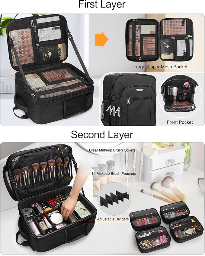 TANTO Makeup Backpack, Makeup Artist Bag Professional Cosmetic Bag with 4 Bag & Tote Bag Double-Layer Make up Storage Organizer Cosmetic Case with Adjustable Divider(Black+XX Large)