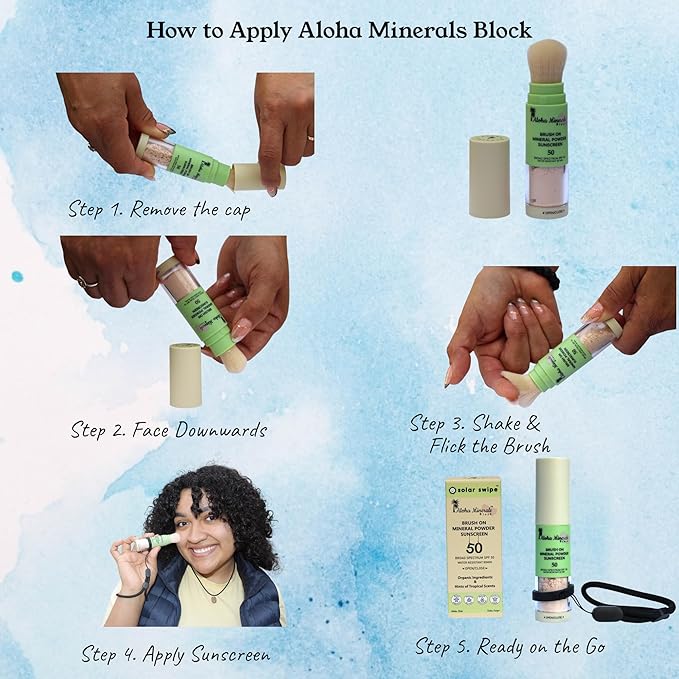 Aloha Minerals Block Brush-On Mineral Powder Sunscreen For Face, SPF 50, Water Resistant, Broad Spectrum, Natural Mineral Blend, Oil Abrosbent, Tropical Scent, Carrot Seed Extract, 0.21oz