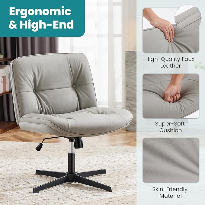 OLIXIS Criss Cross Chair Without Wheels, Cross Legged Office Chair, Armless Wide Vanity Desk Chair with Comfy PU Leather& Back - Swivel for Home Office Bedroom, Gray