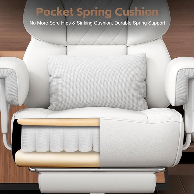 Vonesse Big and Tall Office Chair, Desk Chair with Soft Adjustable Armrests, Ergonomic High Back Gaming Chair with Lumbar Support, Executive Computer Chairs with Footrest (PU Leather, Ivory White)