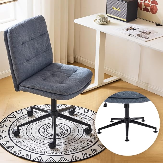 VINGLI Mid Back Armless Office Desk Chair with Wheels/no Wheels,360°Rocking Swivel Vanity Chair with Thickened Cushion,Adjustable Height Rolling for Reading Room, Make up, Linen Navy Blue