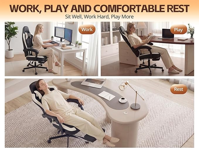 Office Chair Breathable Leather with Pocket Spring Cushion, Wide and High Ergonomic Office Chair with Headrest, Computer Gaming Chair with Footrest for Adult, Black and White