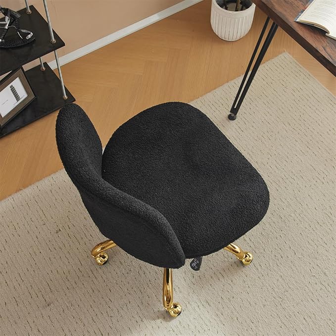 VINGLI Wide Criss Cross Legged Office Chair,Buttprint Ergonomic Desk Chair Comfy with Pillow&Gold Base,Dual-Use with/no Wheels,Adjustable Vanity Swivel Chair for Bedroom,Home Office,Teddy Fleece,Black