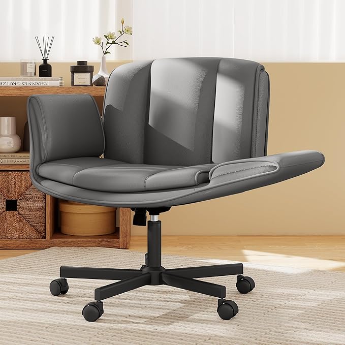 Criss Cross Chair with Wheels & Armrests,Comfy Wide Vanity Chair,Scratch-Resistant Pu Leather Cross Legged Desk Chair,Height Adjustable Computer Office Desk Chairs for Home,Makeup,Bedroom
