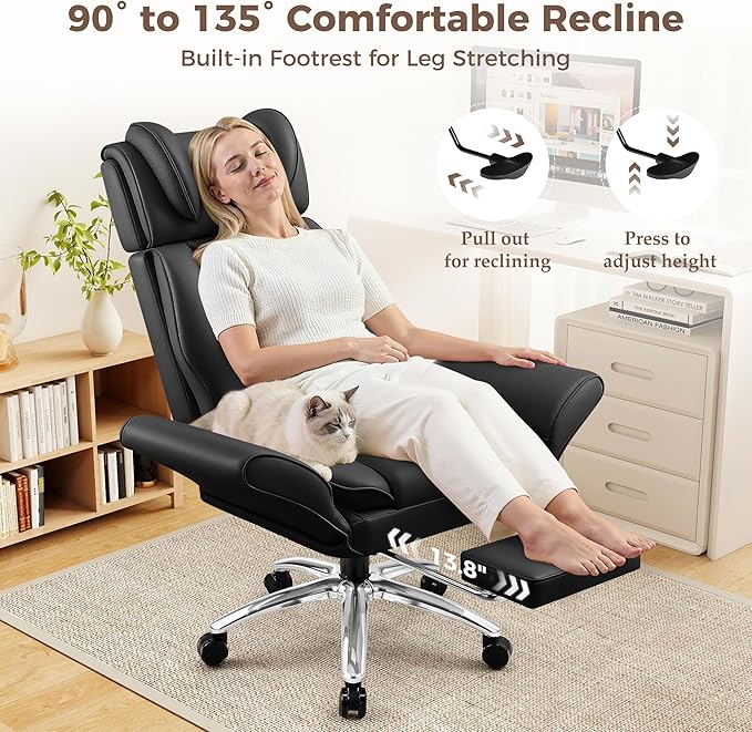 Big and Tall Office Chair, Flip Armrests for Pets & Cross Legged Sitting, Ergonomic Leather Executive Desk Chair with Foot Rest, High-Back Reclining Computer Chairs for Office Home Game - Black