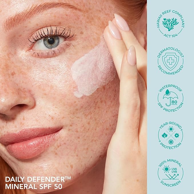 Daily Defender Broad Spectrum SPF 50 Mineral Sunscreen with Hyaluronic Acid, Vitamin C & Niacinamide (as Vitamin B3), Lightweight UVA & UVB Protection, Skin Care, Light