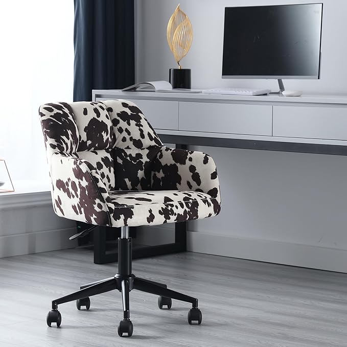 Cow Print Chair Modern Velvet Office Desk Chair with Armrest, Height Adjustable Wide Seat Computer Task Chair for Home Office, Mid Back Accent Chair, Cow