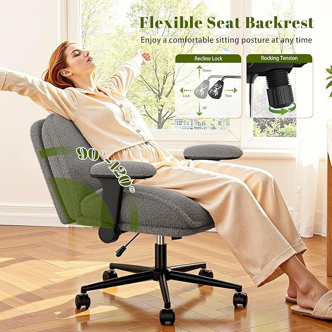 Cross Legged Office Chair with Flip-Up Arms,Oversized Criss Cross Chair with Wheels,Wide & Extra-Deep Seat Thickened for Home Office,Vanity, Bedroom,Apartment Dorms,Plush Cushion,Comfy,Grey