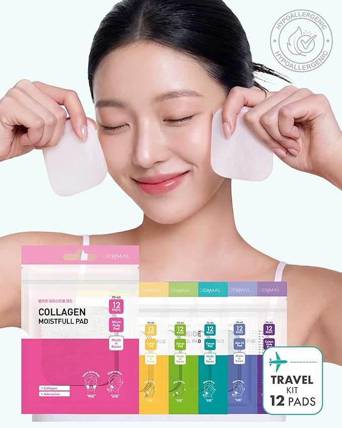 DERMAL 6 Types Toner Pad Trial Kit Portable Travel Combo Set - Ice Cooling, Collagen, Retinol, Madecassoside, Tea Tree, Vitamin Korean Face Toner Pads, 12 Pads x 6 Pack