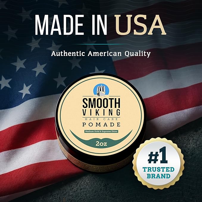 Smooth Viking Medium Hold & High Shine Pomade - Water Based Hair Cream for Curly, Thick & Straight Hair - Men's Hair Product - Made in USA, 2oz