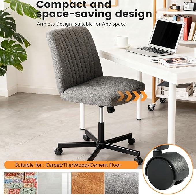 FDW Criss Cross Chair with Wheels Cross Legged Office Desk Modern Swivel Height Adjustable Wide Seat Computer Task Vanity Chair Comfy Fabric Armless Seating for Home Office