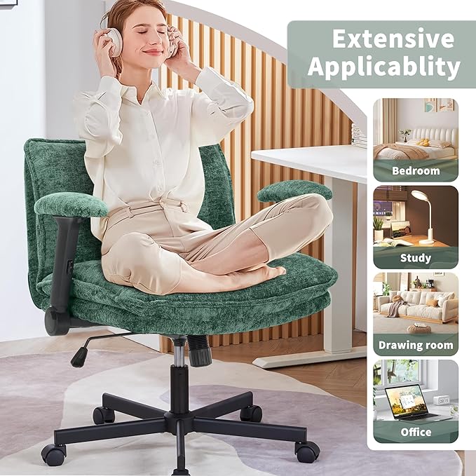 Cross Legged Office Chair, Height Adjustable Swivel Desk Chair with Flip-Up Arms, Padded Criss Cross Chair for Home Office & Bedroom