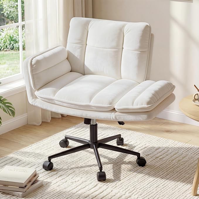 Criss Cross Chair with Wheels, Plush Fleece Vanity Chair with Adjustable Armrests, Ergonomic Office Chair for Bedroom, Makeup Room and Office Room, White