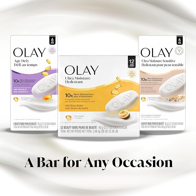Olay Beauty Bar, Ultra Moisture,10x More Moisturizers, Nourishing Conditioners, Smooth & Gentle on Skin, Vitamin B3 Complex, For All Skin Types, Shea Butter Scent, 3.17 oz, (Pack of 8)