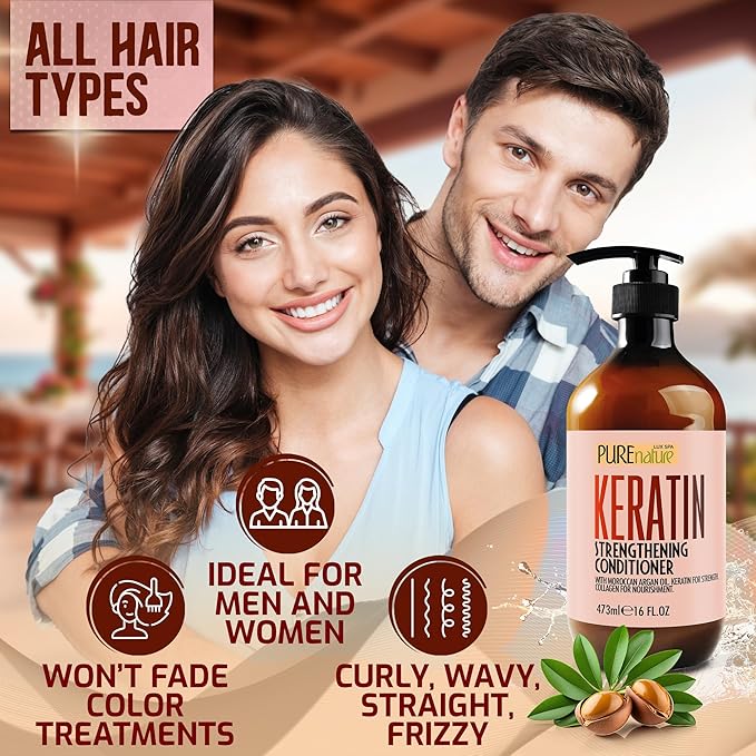 PURE NATURE LUX SPA Keratin Conditioner for Women and Men - Deep Conditioning Treatment to Repair Dry, Damaged Hair and Split Ends - Strengthening Sulfate Free Formula - 16 Fl Oz