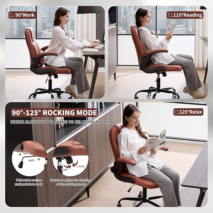 Executive Office Chair PU,Leather Office Chair with Wheels,360° Swivel Rolling Chair with Padded Arms,Ergonomic Computer Chair with Lumbar Support for Short People Use(Brown)