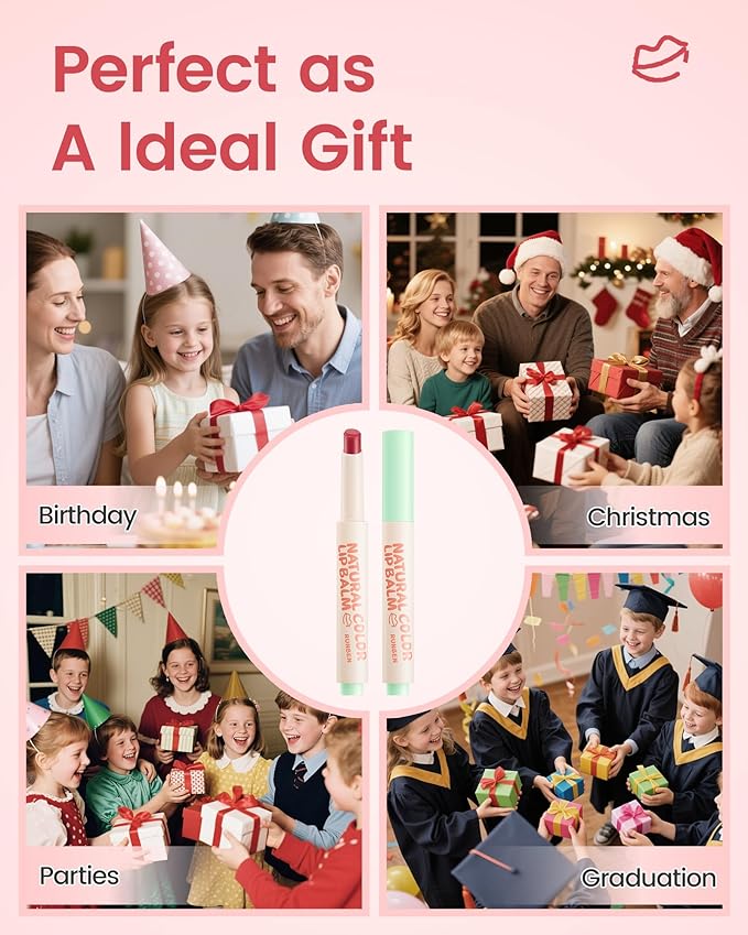 RUNBEN Kids Tinted Lip Balm, Juicy Pomegranate Lipstick, 24H Moisturizing, Safe & Non-toxic Lip Gloss for Kids & Teen, Christmas Makeup Gift for Girls