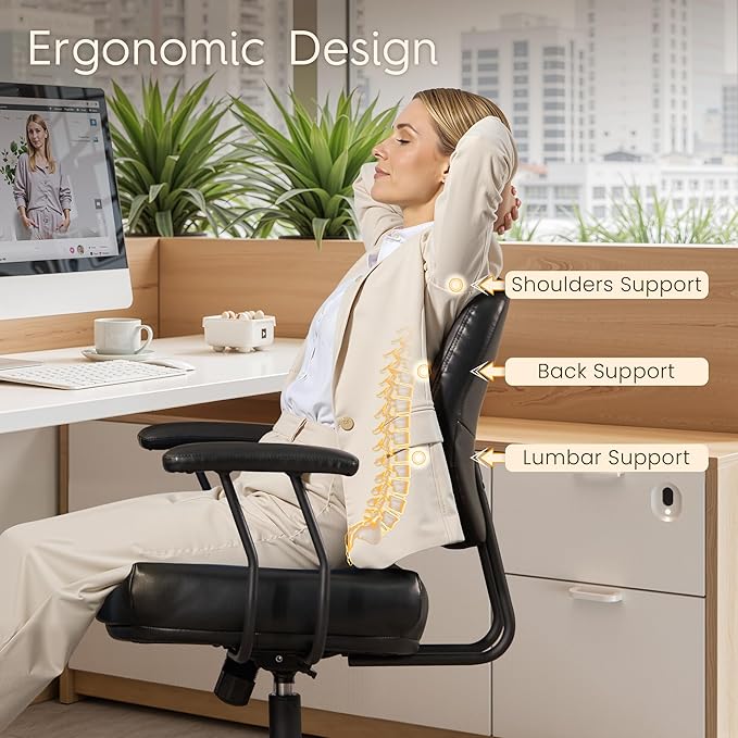 HOOOWOOO Ergonomic Office Chair,Mid Century Modern Computer Desk Chair,Comfy Executive Chair with Extra Wide Tufted Cloudy Seat Lumbar Support Rocking Back,PU Leather Black