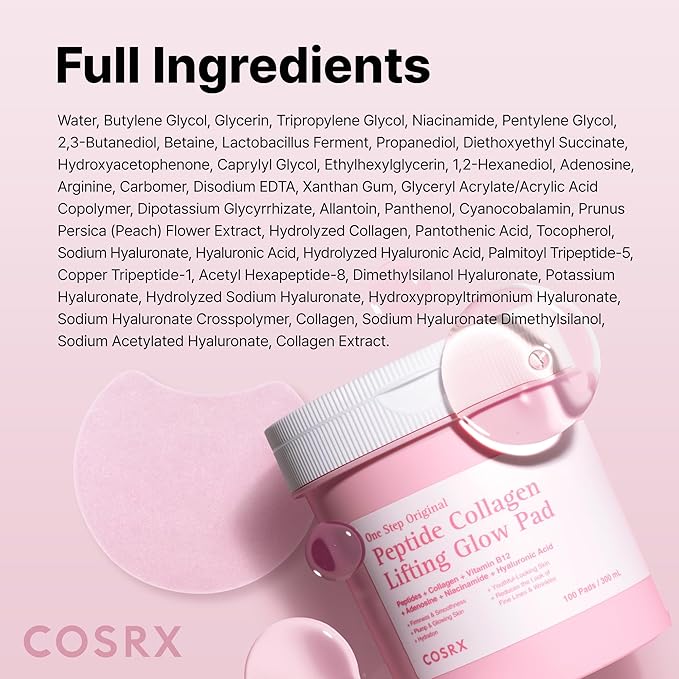 COSRX OneStep Original Peptide Collagen Lifting Glow Pad, 100 Pads, Improving Elasticity, Plumping Toner Pads for Makeup Prep with Peptide, Collagen, Niacinamide & Anti-Aging Care, Korean Skin Care