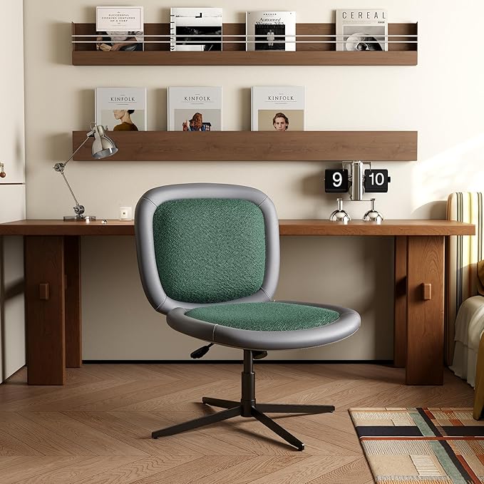 Nordic Armless Ergonomic Office Chair with Wheels, Diamond Tufted PU Leather Computer Chair, Adjustable Height Desk Chair with Solid Wood Back for Small Home Office (No Wheels-Green)