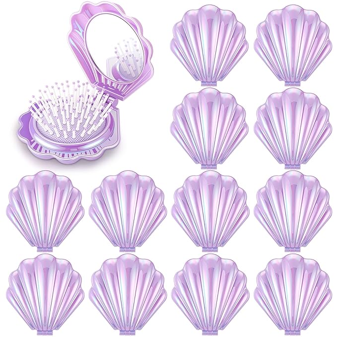 Meanplan 12 Pcs Mermaid Party Favors Shell Hair Brush with Mirror Foldable Mini Travel Pocket Hair Brush Compact Makeup Comb for Women Girls Valentines Day Birthday Gifts(Purple)