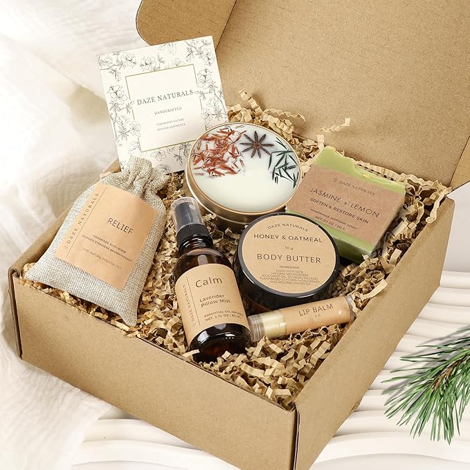 Bath Gift Set, Spa Gifts for Women, Self Care Products for Women, Jasmine & Lemon Soap Bar, Calm Pillow Mist, Bath Bomb & Shower Steamer, Body Butter and Lip Balm