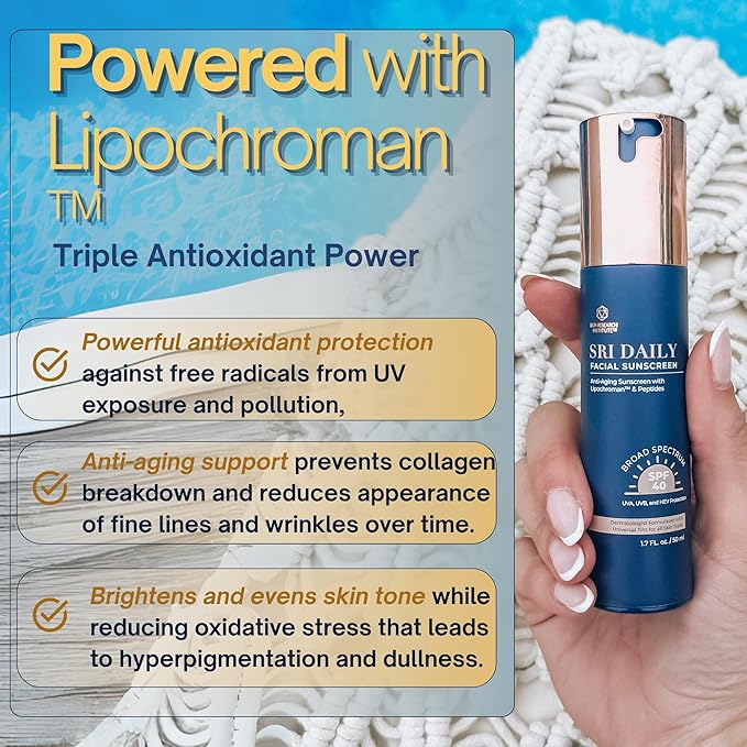 SRILabs Daily Facial Sunscreen - SPF 40 - Anti-Aging with Lipochroman & Peptides - Transparent Zinc Oxide - Universal tint & Weightless - 1.7 OZ