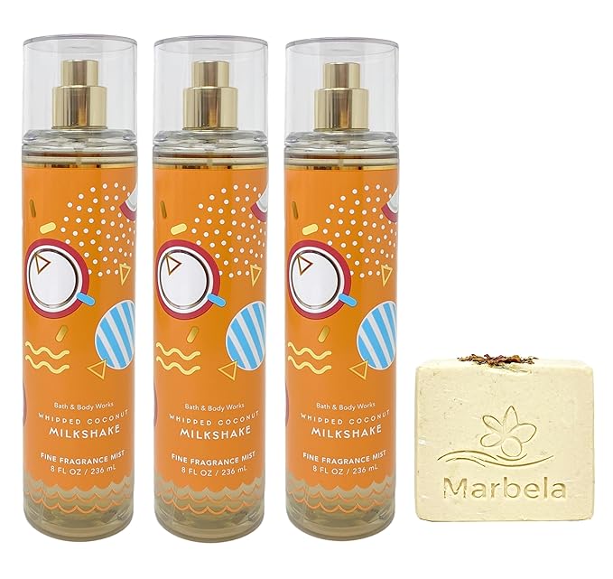Bath & Body Works Whipped Coconut Milkshake 3 Pack Fragrance Mist Bundle with a Creamy Rose Bar Soap - Full Size