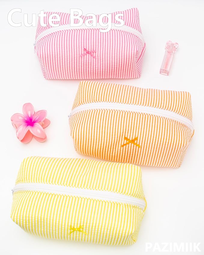 PAZIMIIK Cozy Makeup Bag Small Aesthetic Travel Zipper Cosmetic Pouch for Women Make Up Beauty Accessories Brushes, Stripe Yellow