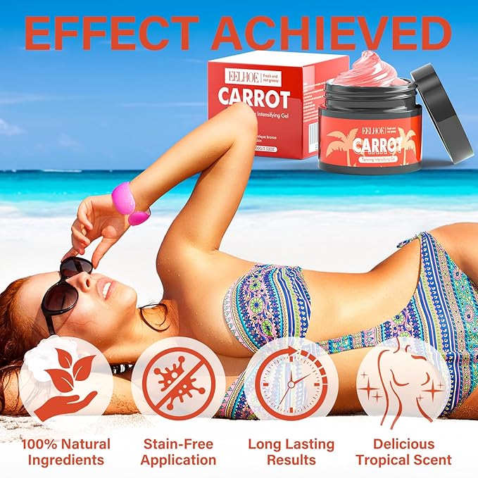 Tanning Gel with Natural Carrot Oil & Vitamin E, Fast-Acting Sun Tan Enhancer for Deep, Dark, Long-Lasting Color, Hydrating, Water, Resistant Formula for Face & Body, Ideal for All Skin Tones, 3.53 oz