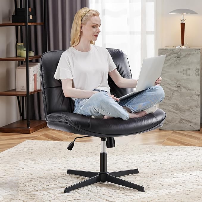 OLIXIS Criss Cross Chair with Wheels Armless Wide Cross Legged Vanity Office Desk Chair with Comfy PU Leather& Back - Swivel for Home Office Bedroom, Black