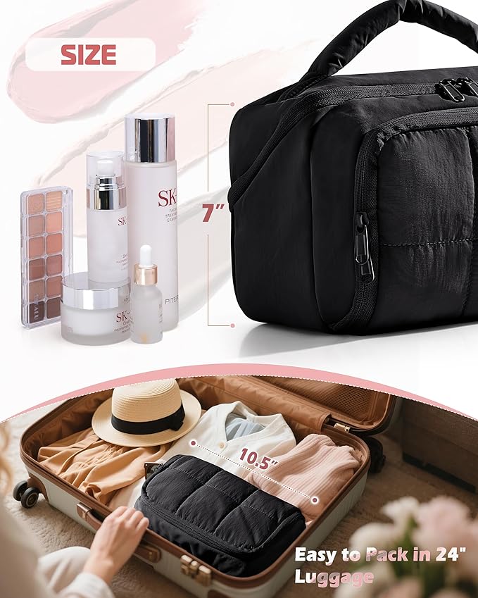 Travel Makeup Bag for Women, Toiletry Organizer with Waterproof Pockets, Puffy Cosmetics Pouch for Makeup Brushes, Skincare & Travel Essentials, Black (Bag only)