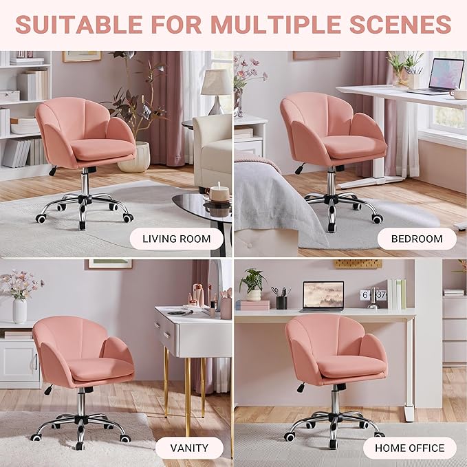 Yaheetech Pink Desk Chair Vanity Chair Comfy Velvet Chair Cute Desk Chair for Home Office Modern Swivel Rolling Chair for Bedroom, Living Room, Makeup Room Women