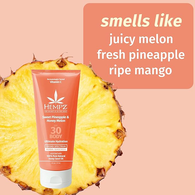 Hempz Daily Body Sunscreen SPF 30, Sweet Pineapple and Honeymelon, Reef Safe, Vegan, Dermatologist Tested, 6 oz