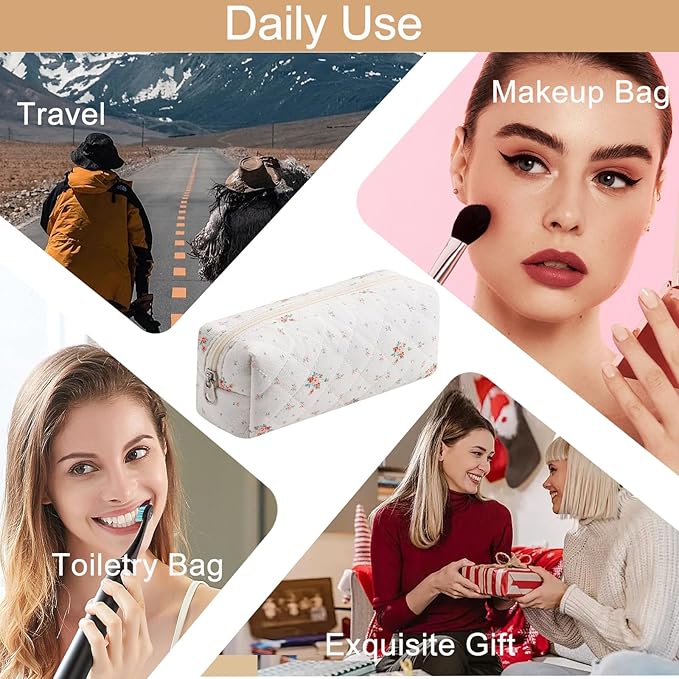 Cute Floral Cotton Makeup Brush Cosmetic Bag for Women, Travel Quilted Zipper Make Up Bag, Flowers Toiletry Organizer Case Kawaii Makeup Cosmetic Travel Cloth Pouch (White Small Flower)