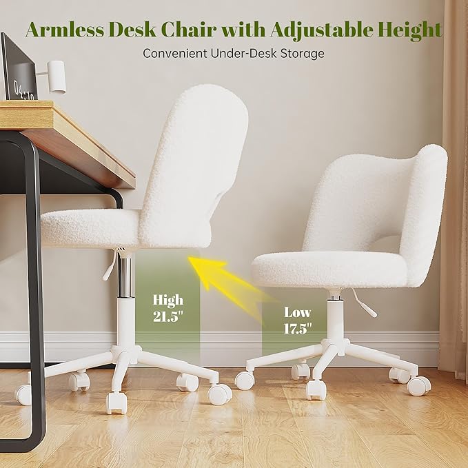 Vanity Chair with Wheels Armless, White Vanity Chair with Back,Ultra-Plush Fleece Cute Desk Chair, Small Office Chair Height Adjustable,for Make-up Room,Bedroom