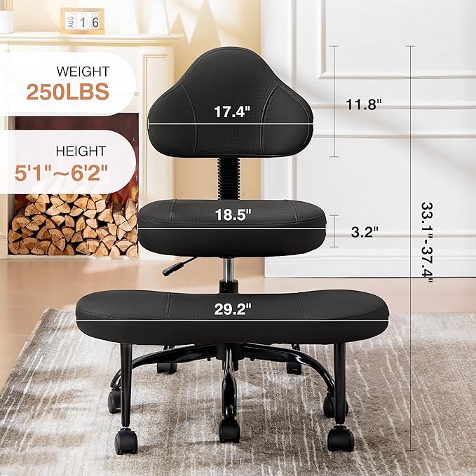 Cross Legged Office Chair, Criss Cross Desk Chair ADHD Meditation Kneeling Yoga Seat with Adjustable Height, Lumbar Support, Wider Footrest and Wheels (Black)