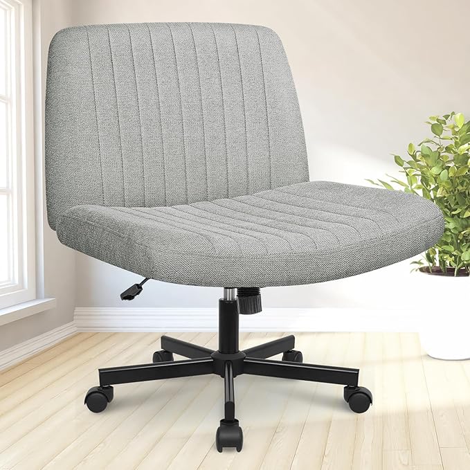 NEO Chair Criss Cross Chair with Wheels Home Office Cross Legged Armless Chairs Ergonomic Adjustable Computer Desk Task Wide Seat for Bedroom Vanity Comfy Swivel (Grey)