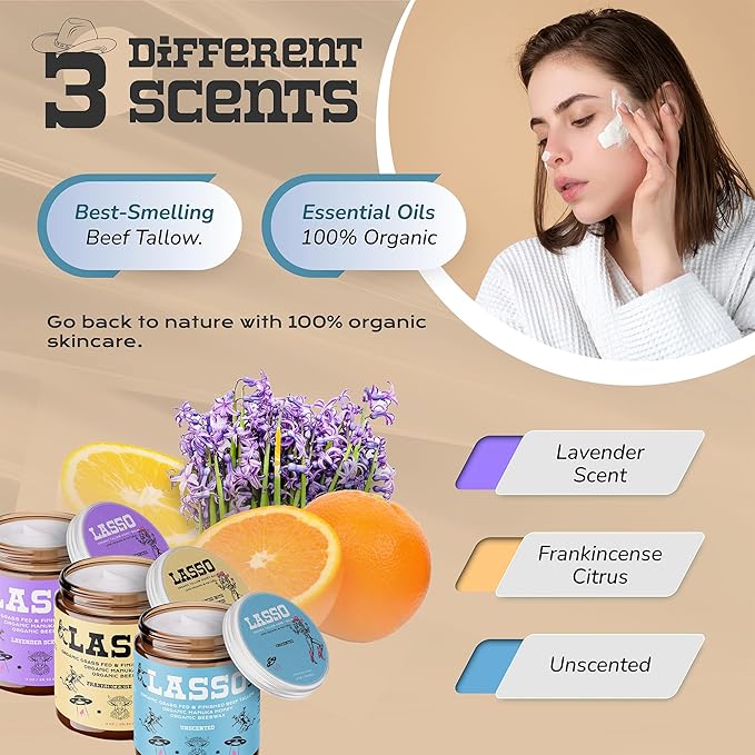 LASSO Beef Tallow Face Moisturizer with Grass-Fed/Finished Beef Tallow for Skin, Manuka Honey and Beeswax, Unscented and Manuka Honey Balm