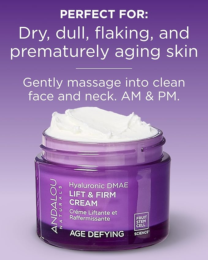 Andalou Naturals Hyaluronic Dmae Lift Firm Skin Cream, Face Moisturizer with Anti Aging Antioxidants, Hydrating, Helps Reduce Fine Lines and Wrinkles, 1.7 Ounce