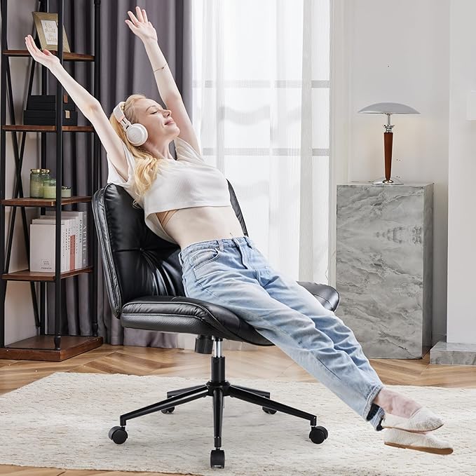 OLIXIS Criss Cross Chair with Wheels Armless Wide Cross Legged Vanity Office Desk Chair with Comfy PU Leather& Back - Swivel for Home Office Bedroom, Black