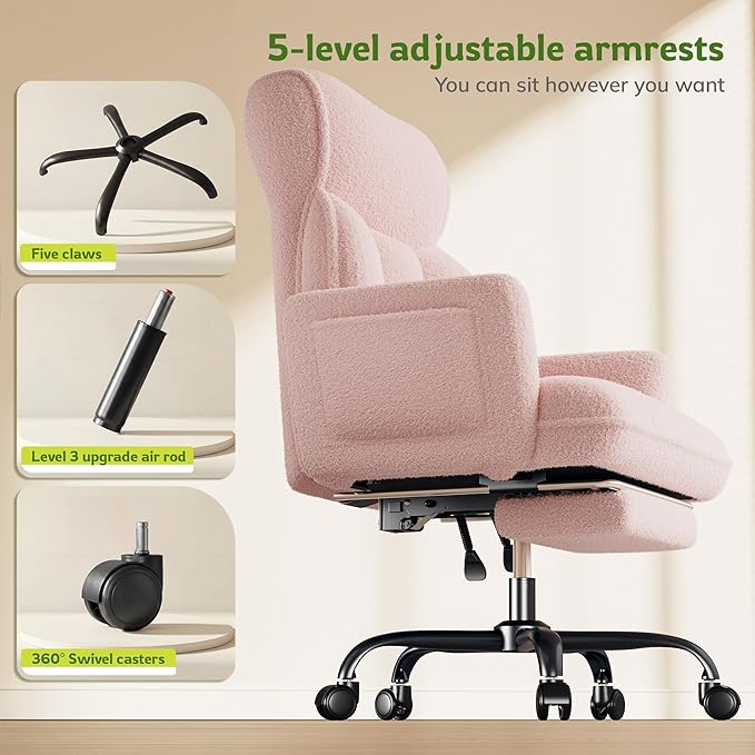 Big and Tall Office Chair with Adjustable Arms and Back, Ergonomic Office Chair with Footrest and Comfortable Fabric for Home Office, Bedroom,Pink
