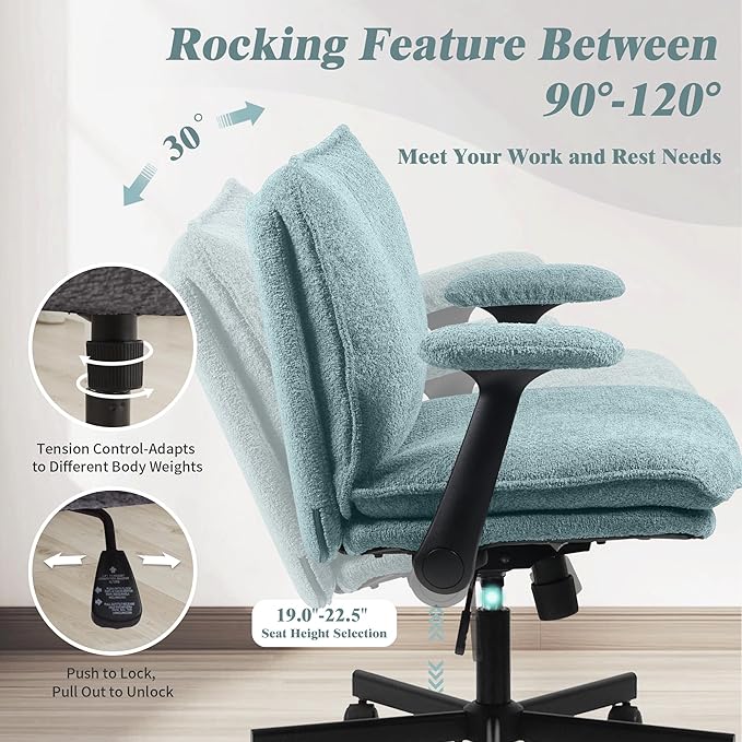 Criss Cross Legged Office Chair with Wheels and Flip-Up Arms, Upholstered Criss Cross Desk Chair, Wide Seat Chairs for Home Office, Vanity, Apartment, Light Green