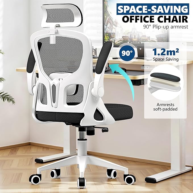Ergonomic Office Chair, Mesh Desk Chair with Adjustable Headrest & Lumbar Support, Rolling Computer Chair with Flip-up Armrests, Comfy Swivel Home Office Chair for Long Hours - White